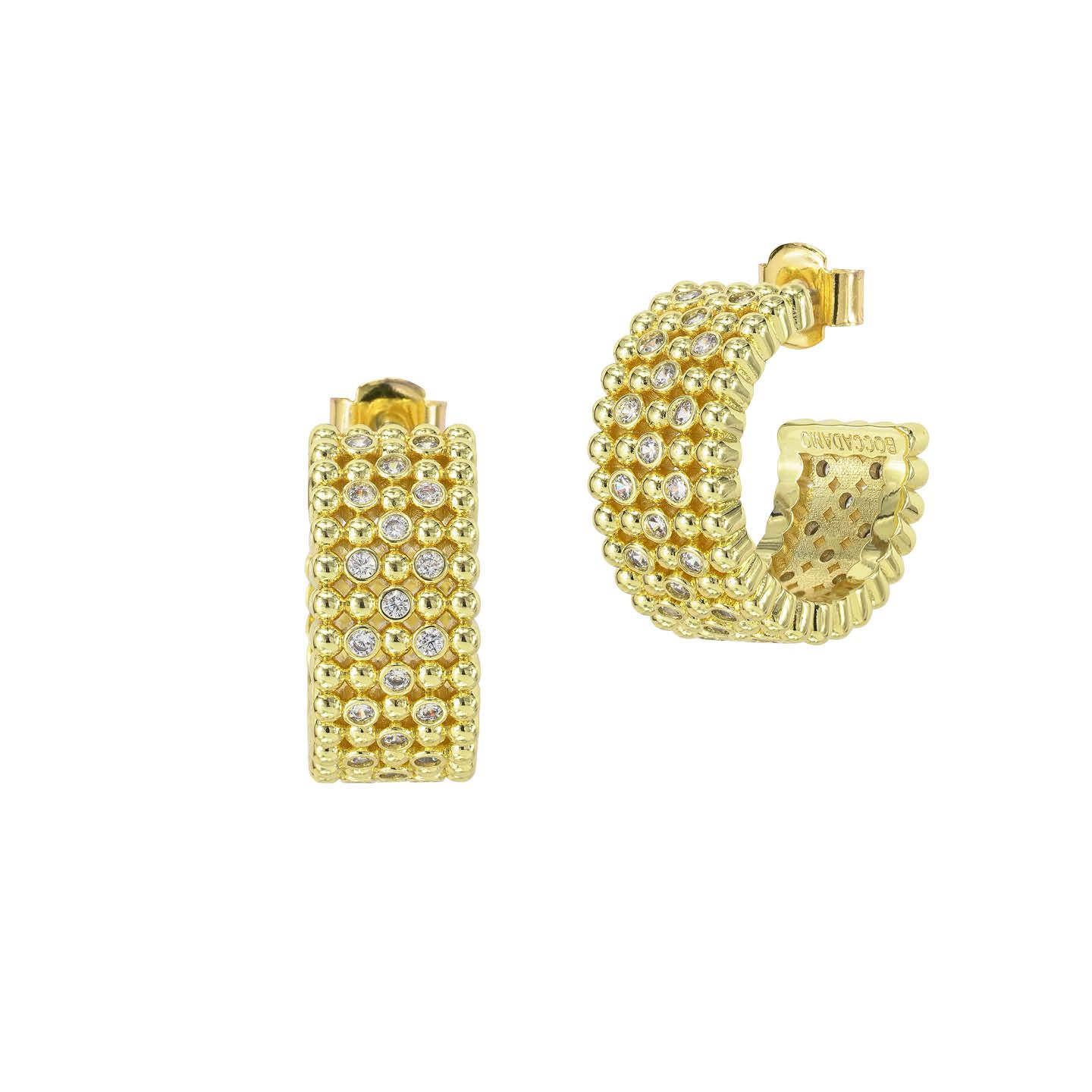 Orecchini a Semicerchio Donna Boccadamo Placcati Oro Giallo con Fascia in Texture Sferica e Zirconi Incastonati