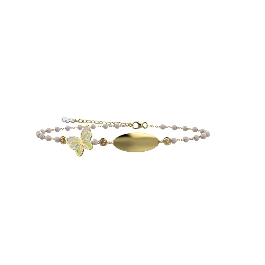 Bracciale Bambina Nanán Bijou in Argento Placcato Oro con Perline Bianche, Farfalla Multicolor e Targhetta 