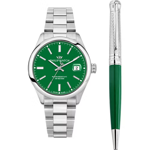 Set Penna e Orologio Philip Watch Caribe Urban al Quarzo con Quadrante Verde 39 mm