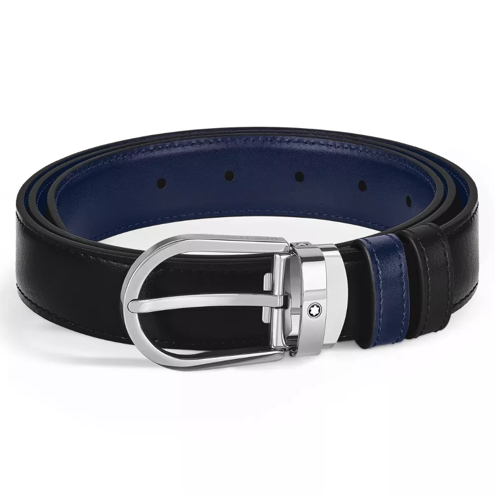 Cintura Reversibile Montblanc con Fibbia a Ferro di Cavallo 30 mm in Pelle Nera/Blu Inchiostro
