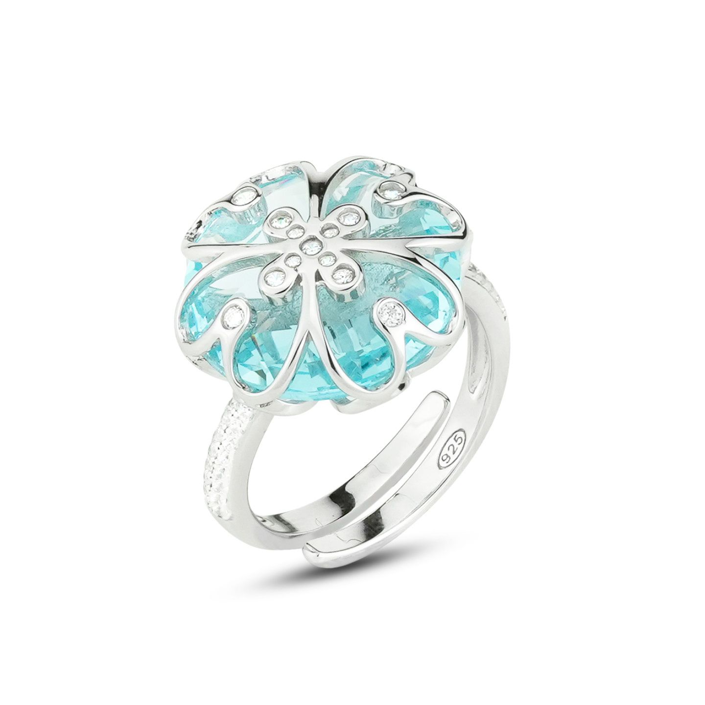 Anello Donna Boccadamo in Argento con Fiore di Cristallo Acquamarina e Zirconi 