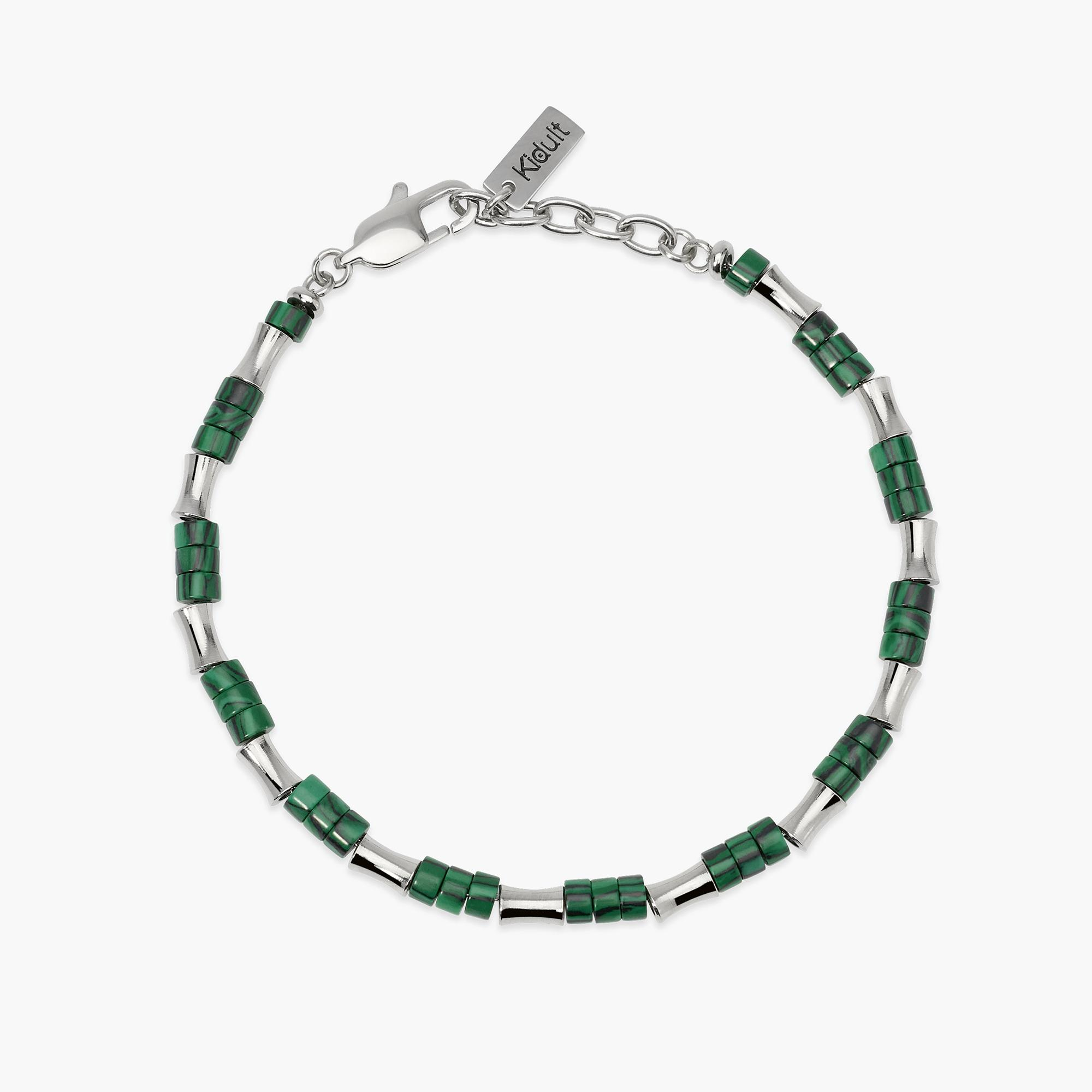 Bracciale Uomo Kidult con Elementi Bambù in Acciaio e Malachite Sintetica