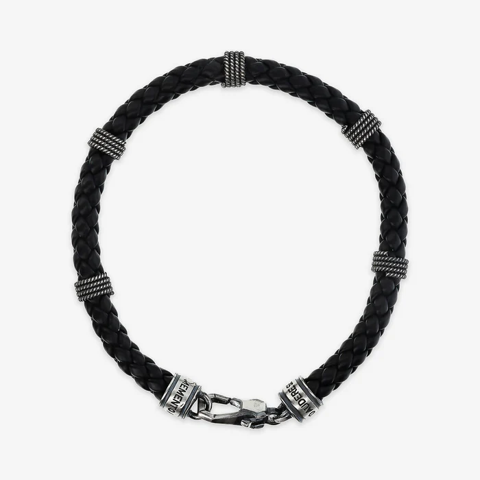 Bracciale Uomo Albert M. Ecopelle Nero Intrecciato con Rondelle Texture in Argento 925