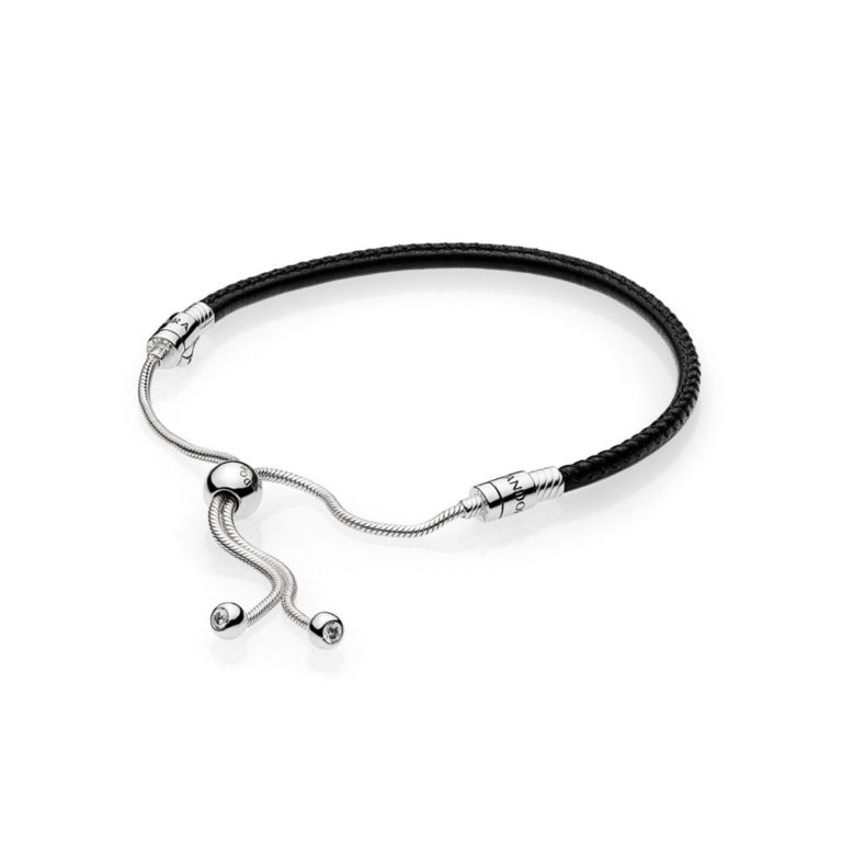 Bracciale pandora in pelle nera con chiusura regolabile