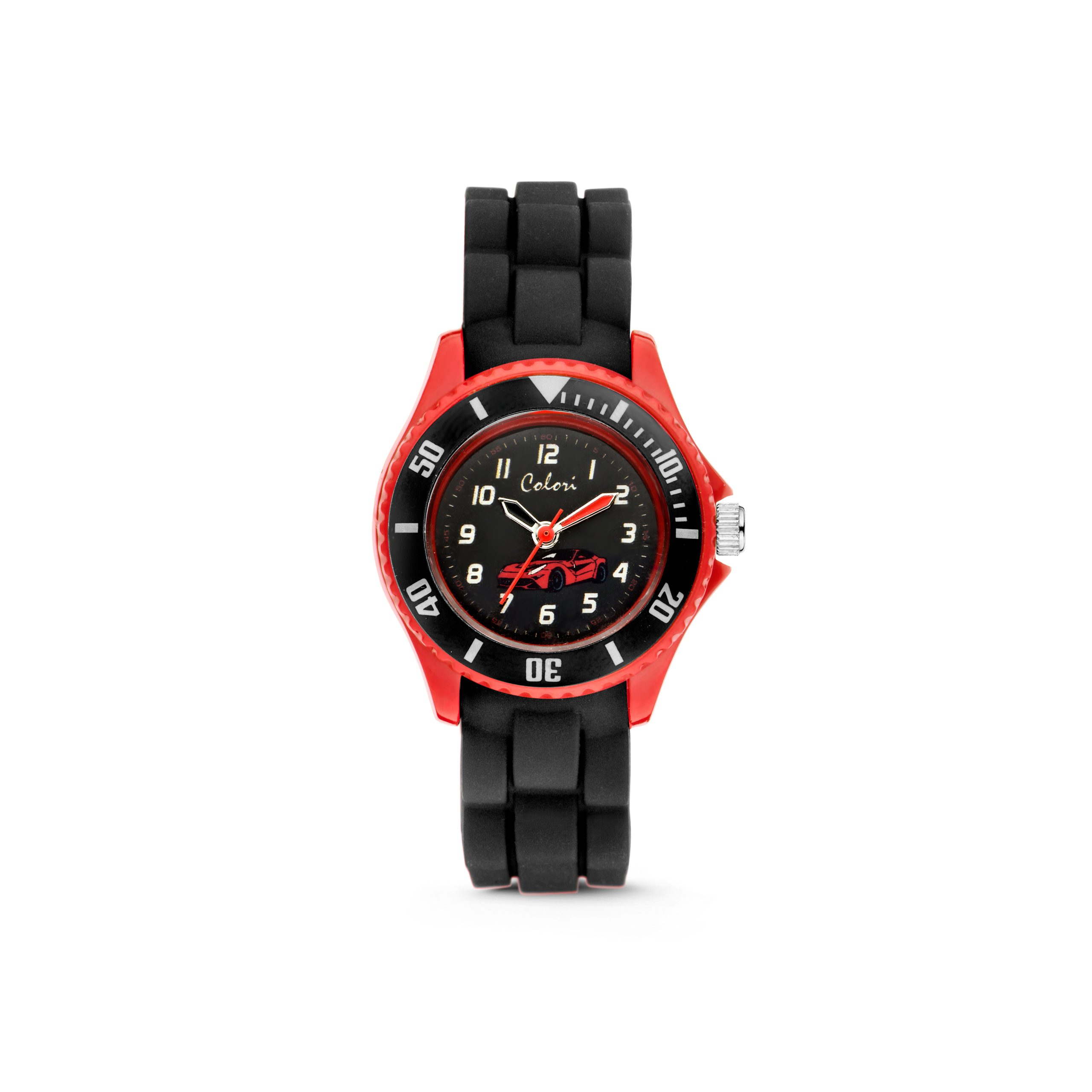 Orologio Bambino Colori Kidswatch con Auto al Quarzo con Quadrante Nero e Rosso 30mm Cinturino Nero