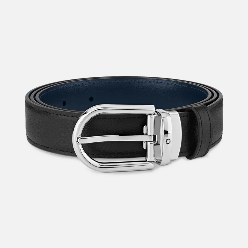 Cintura Montblanc Reversibile in Pelle Nera/Blu 30 Mm con Fibbia a Ferro di Cavallo 