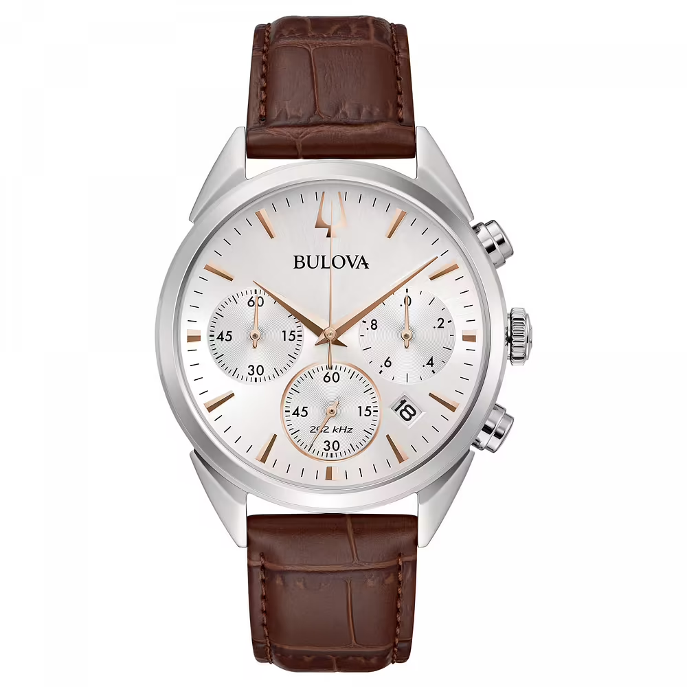Orologio Uomo Bulova Chrono al Quarzo con Quadrante Silver 41 mm Cinturino in Pelle Marrone