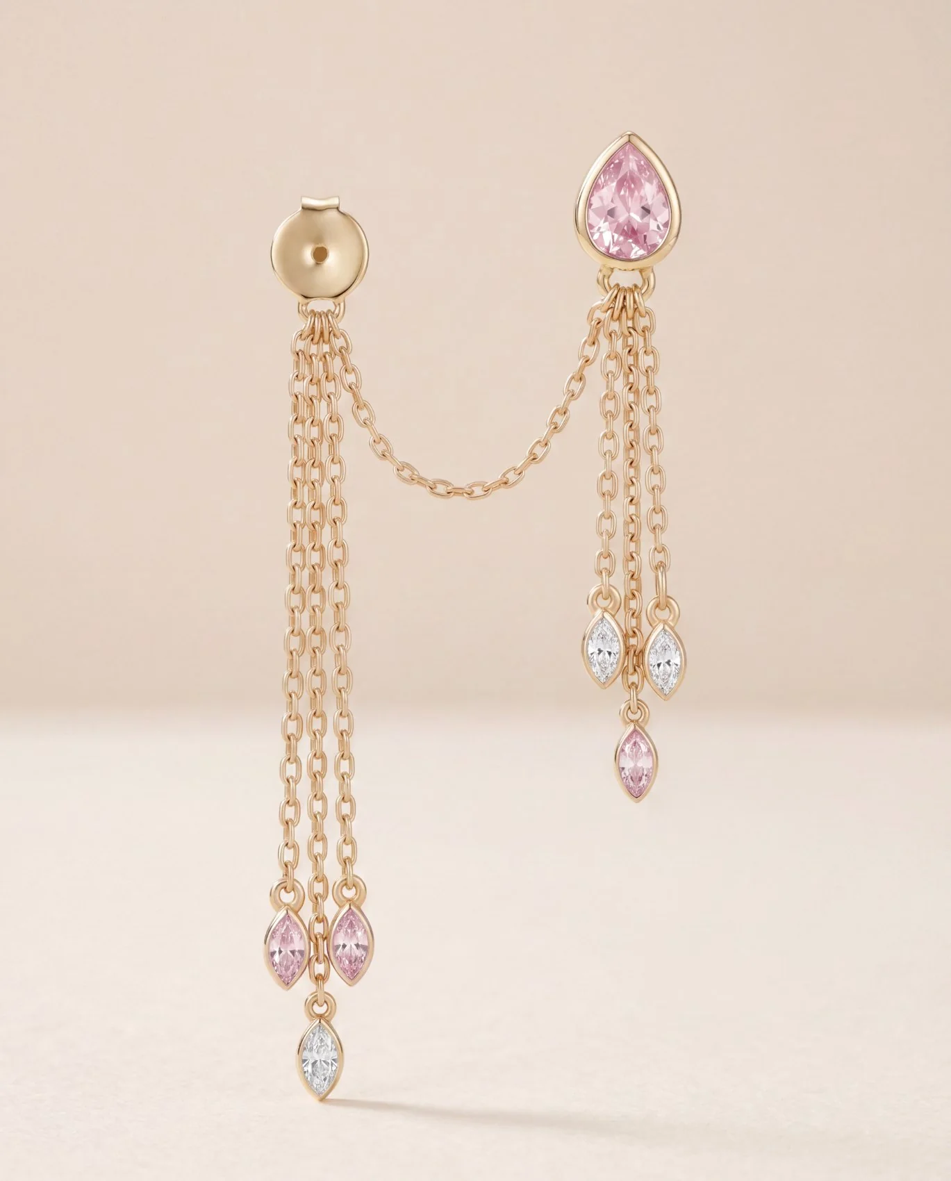 Orecchino Amabile Bond con Zirconi Rosa e Bianchi e Catena a Cascata in Argento 925 Placcato oro 