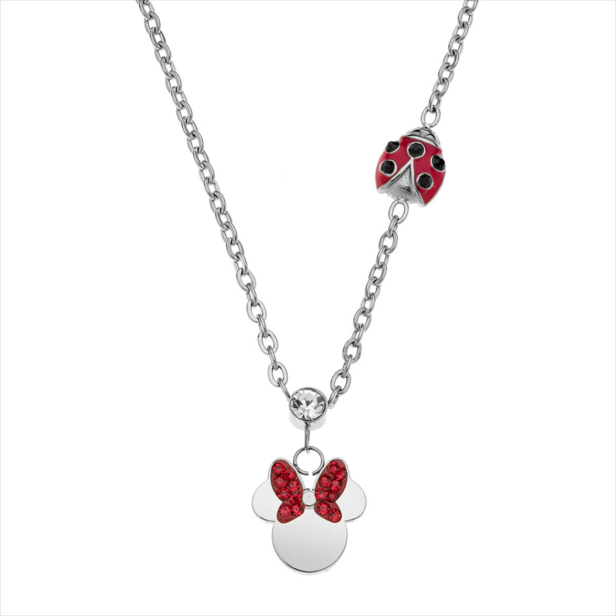 Collana Disney Minnie Fiocco con Zirconi Rossi e Coccinella Smalto Rosso 