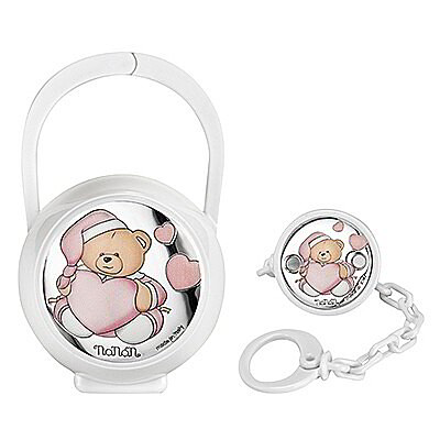 Set Bambino Nanan Portaciuccio e Catenella con Orsetto e Cuori Rosa 