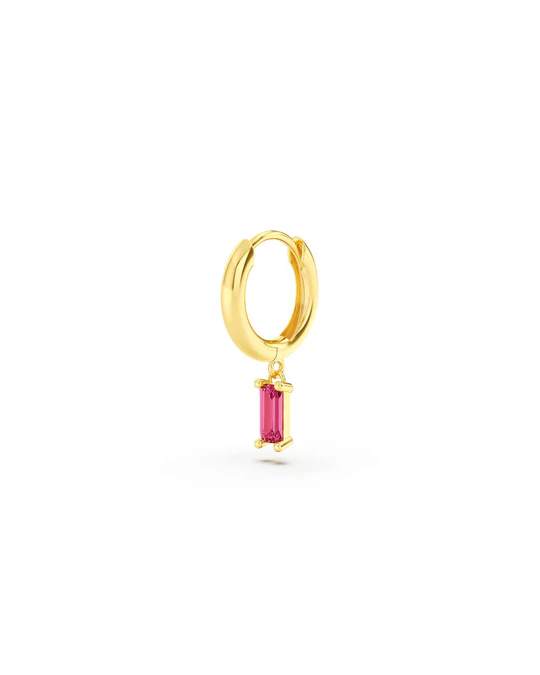 Orecchino Donna Amabile Hoop Baguette a Cerchio Dorato con Ciondolo Baguette Fucsia