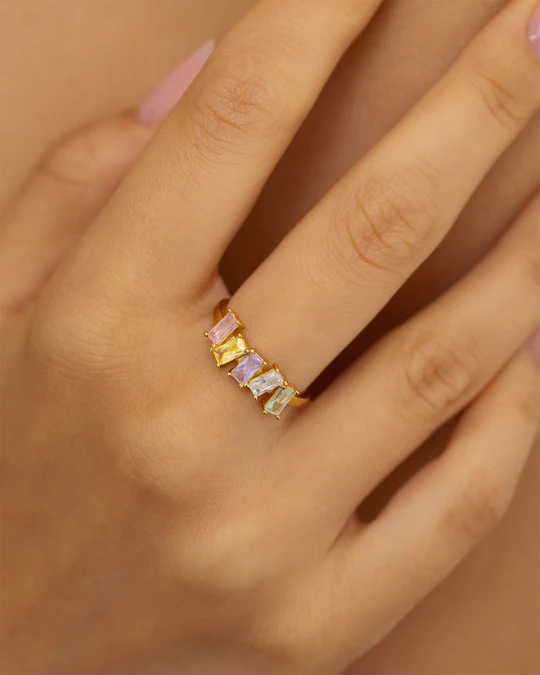 Anello Donna Amabile Heavenly Dorato Multistone con Zirconi Baguette Colorati 