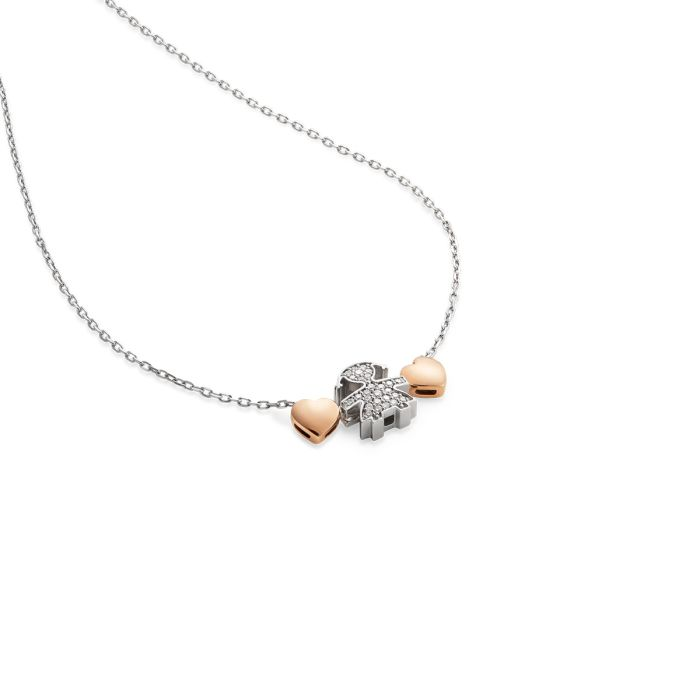 Collana Donna Le Bebè Sagoma Bimba Oro Bianco con Diamanti e Cuori in Oro Rosa 