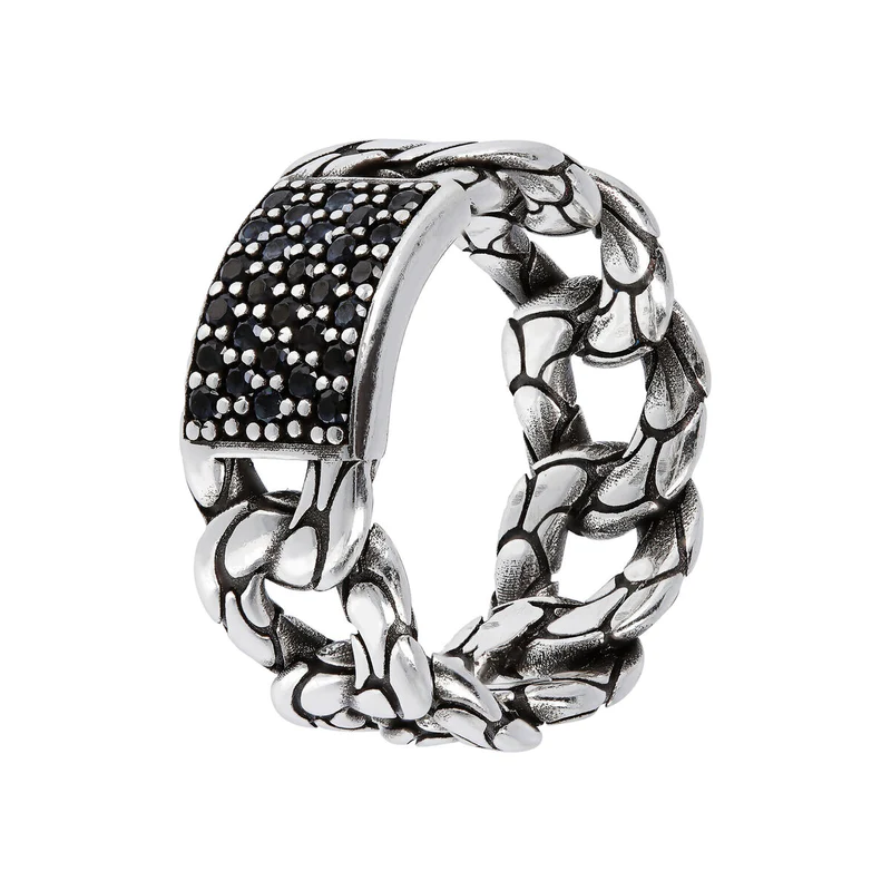 Anello Uomo Albert Fascia con Catena Grumetta Texture Sirena e Spinello Nero