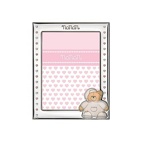 Cornice Nanan in Argento con Orsetto e Cuori Rosa 18x13 cm 