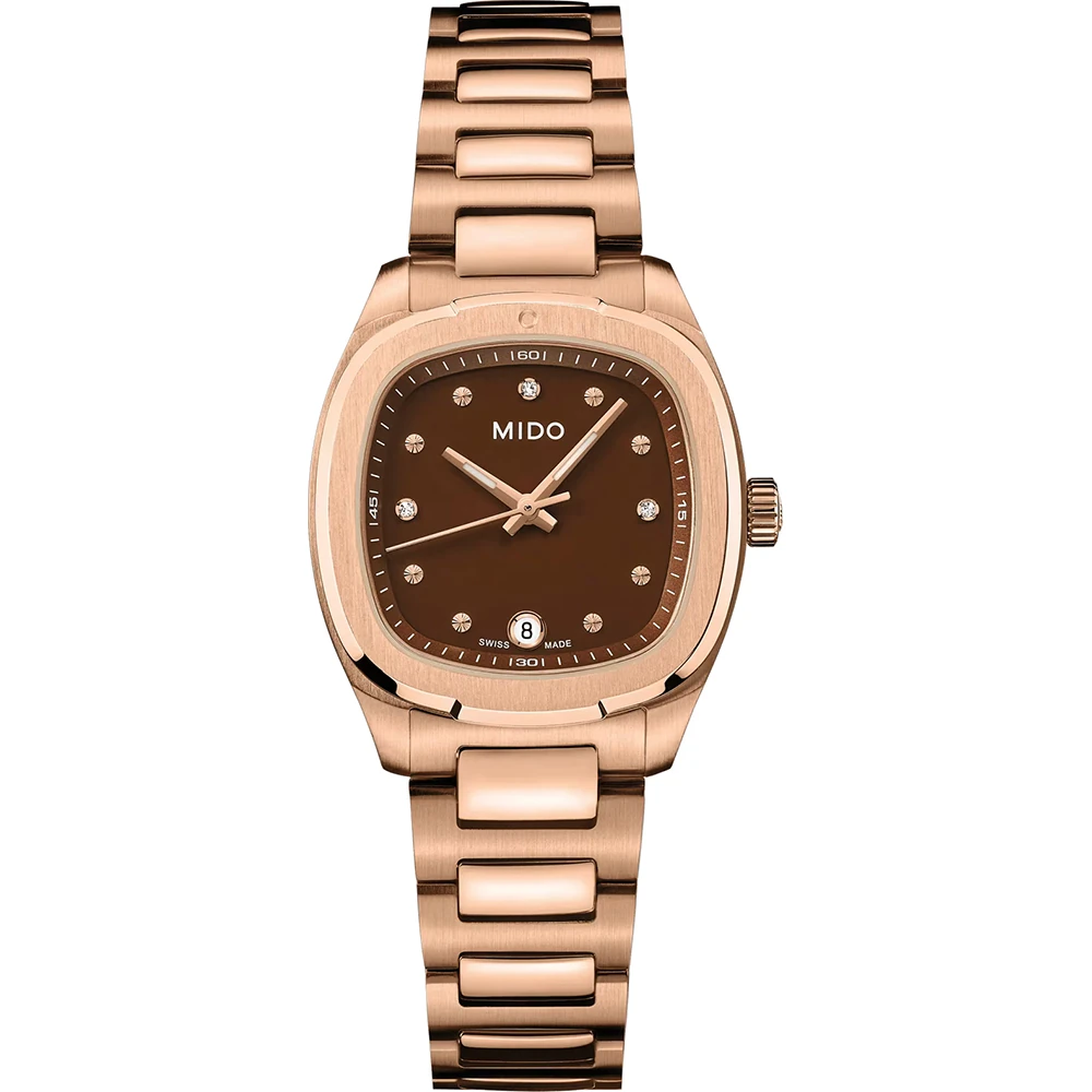 Orologio Donna Mido Multifort TV al Quarzo con Quadrante Marrone 28 mm con Diamanti Cinturino Rosè
