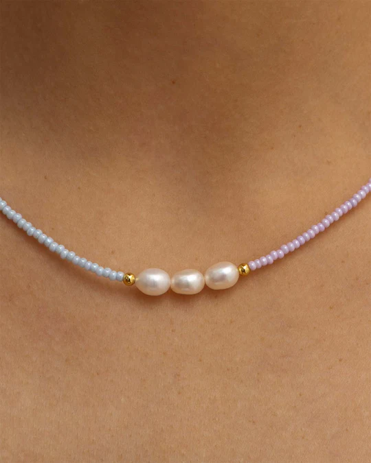 Choker Dorato Donna Amabile Floral di Perle con Perline Celesti e Rosa 