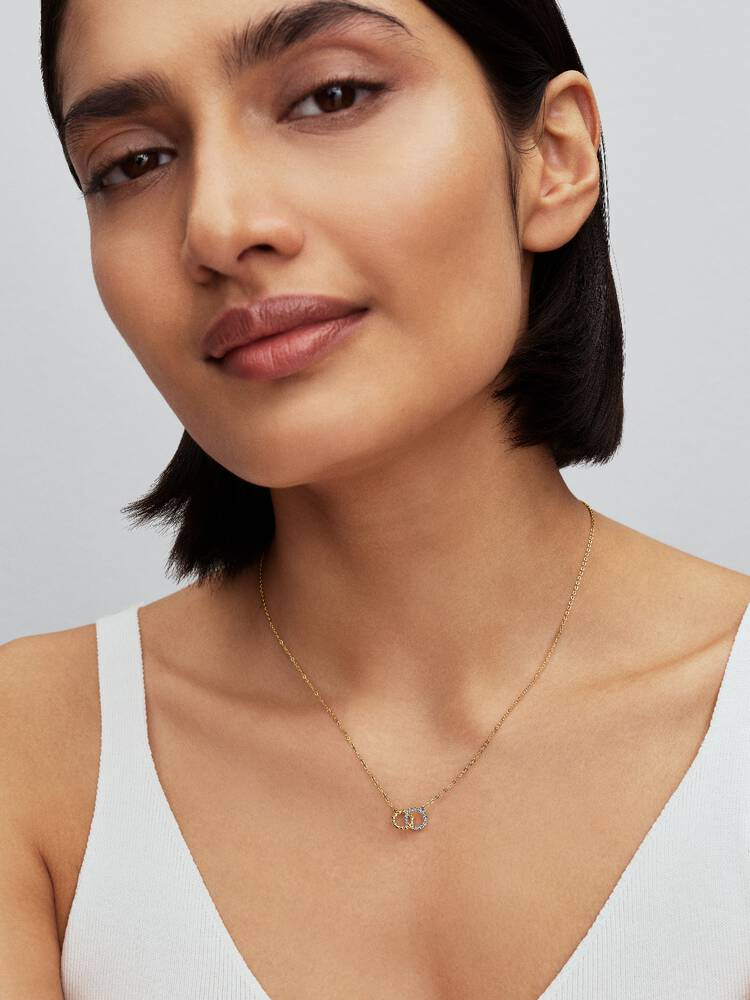 Collana Pandora Cerchi Intrecciati Sfere e Pavè in Argento Sterling 925 Rifinita in Oro