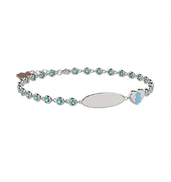 Bracciale Nanan in Argento con Orsetto, Targa e Zirconi Azzurri 