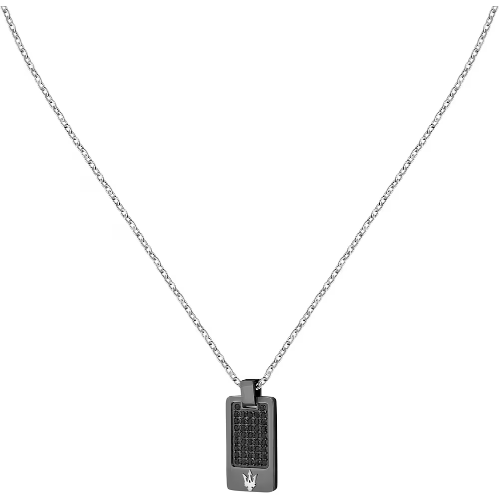 Collana Uomo Maserati Iconic in Acciaio con Pendente in Finitura Nera e Pavè di Zirconi Neri 