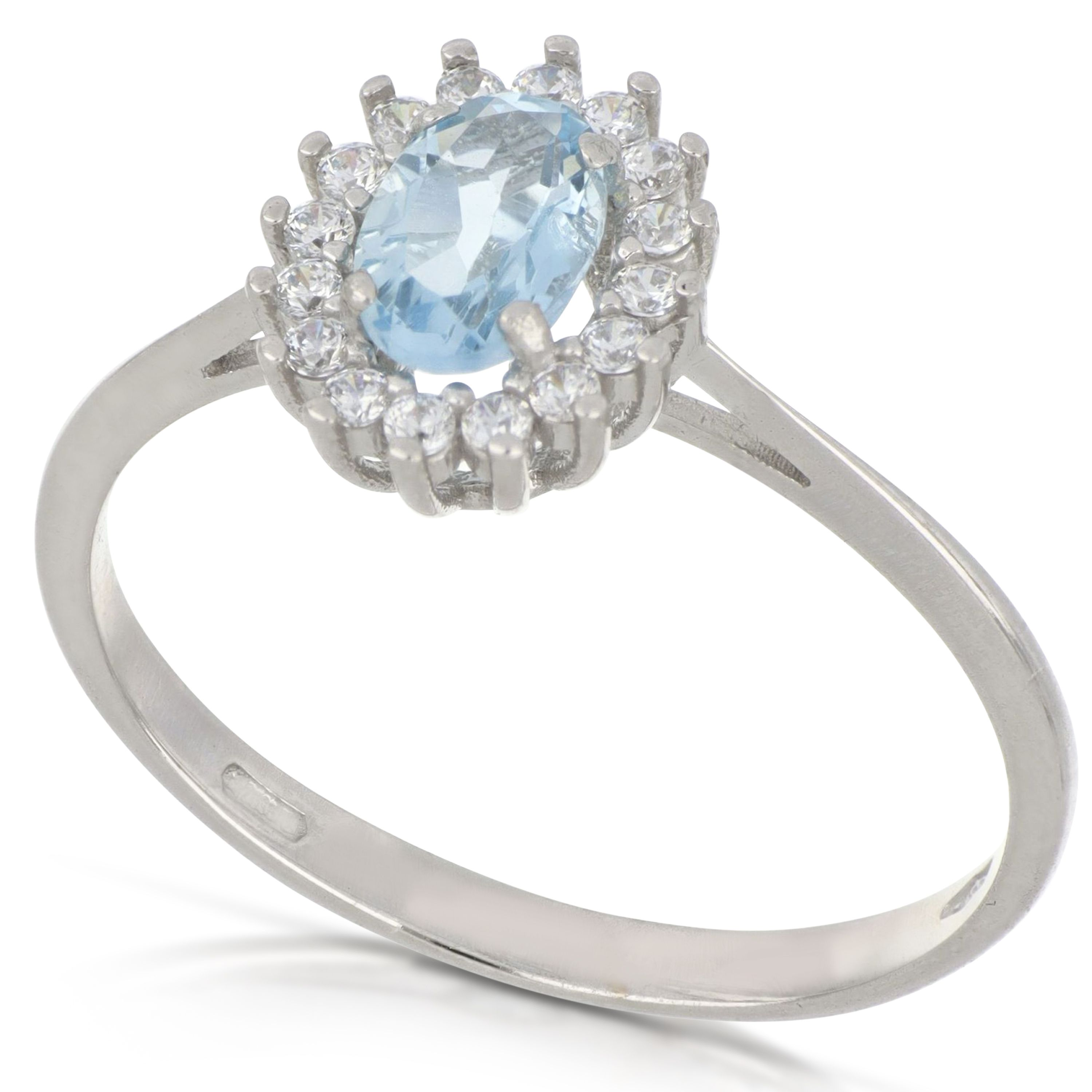 Anello Tondo Gioielli in oro 18 kt con pietra azzurra e contorno di zirconi