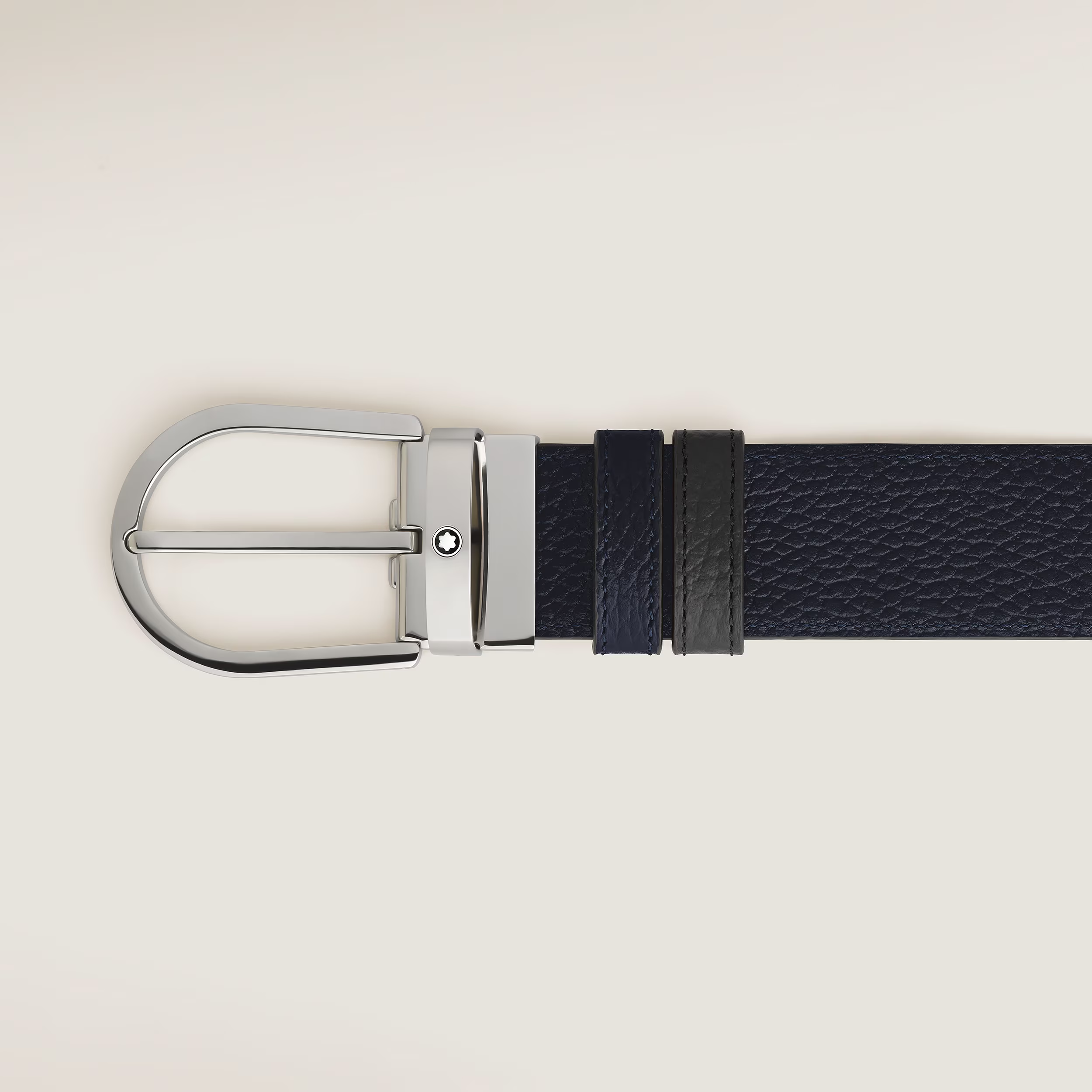 Cintura Reversibile Montblanc Horseshoe 35 mm in Pelle Nera/Blu con Grana 