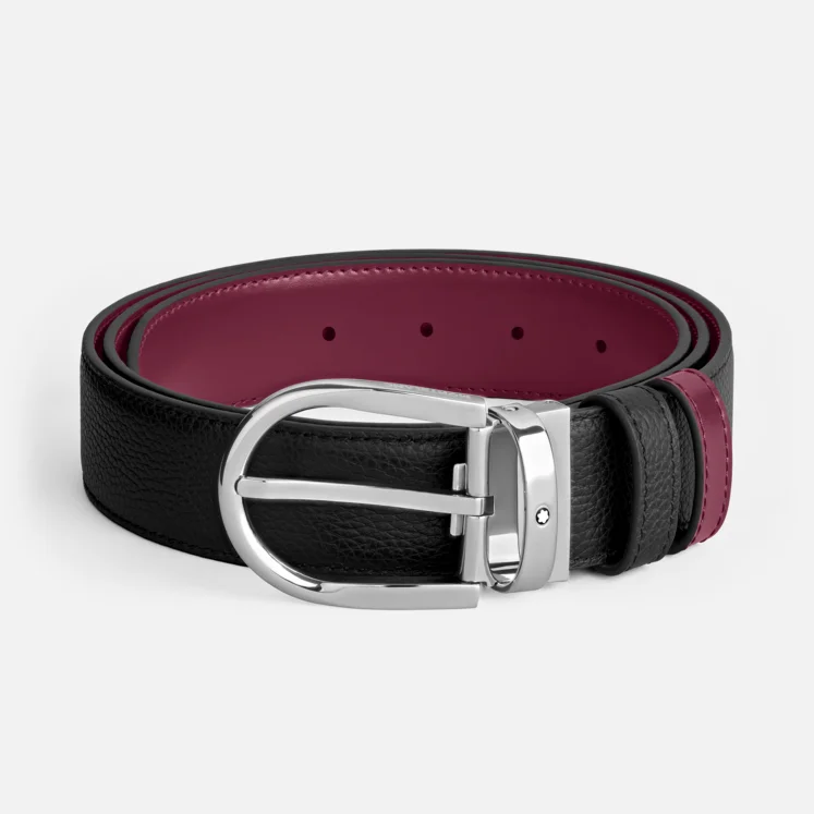 Cintura Uomo Montblanc Reversibile in Pelle a Ferro di Cavallo Nera grana/Ribes 35 mm 