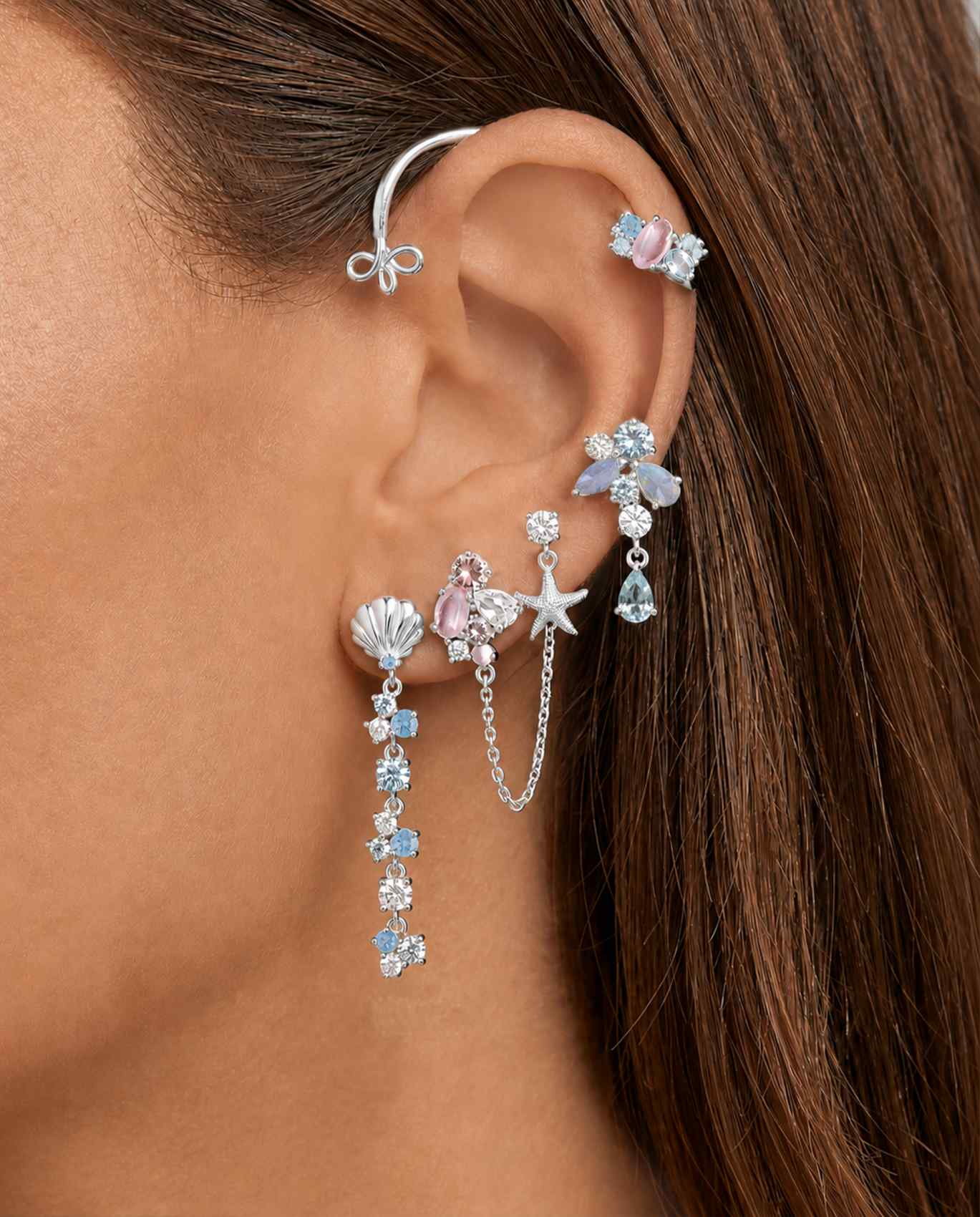 Cuffy Amabile Calypso con Stella Marina Conchiglia e Zirconi Blu e Rosa in Argento 925 Amabile