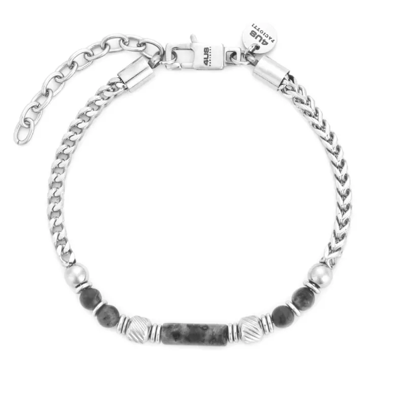 Bracciale Uomo Paciotti Steel Catena in Acciaio con Pietre Nere, Boule Tonde e Rondelle  
